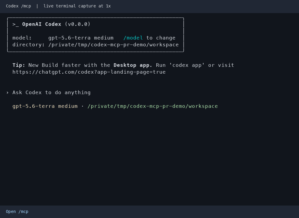 Codex's MCP menu with checkboxes for two local test servers. The demo enables a server, shows Connecting then Connected, disables it, and reopens the menu with the saved setting.